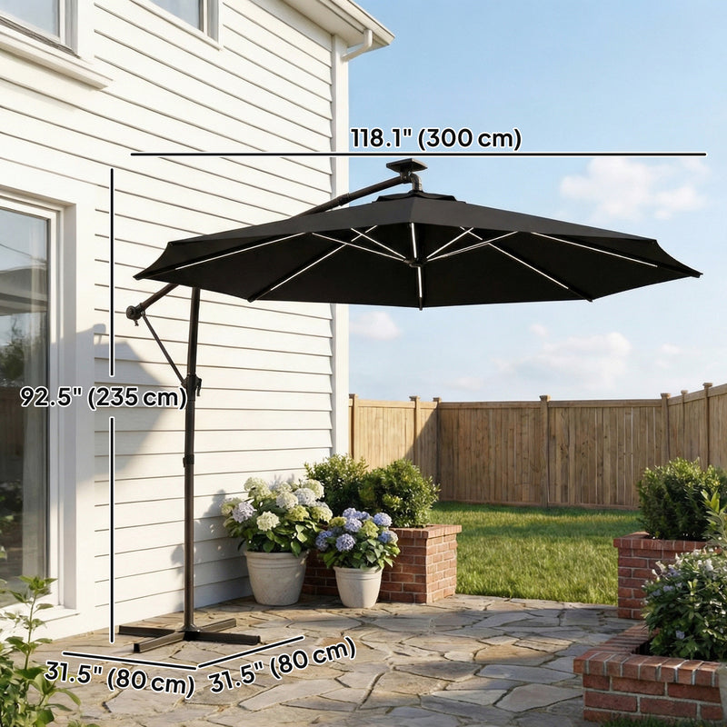 10 ft Offset Patio Umbrella with Solar Light, Garden Hanging Parasol with 360° Rotation, Tilt, Cover, Black