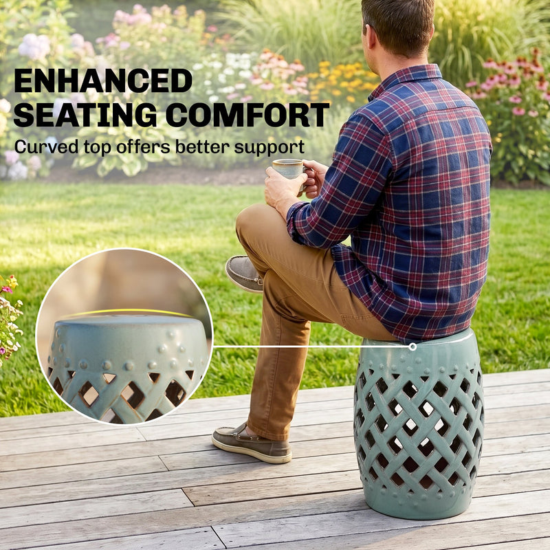 Outsunny - 12.4" x 17.9" Ceramic Garden Stool with Woven Lattice Design, Indoor & Outdoor Decorative Accent Stool, Blue