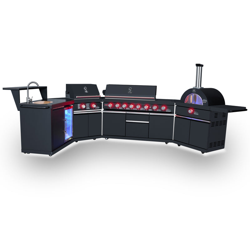 Forno All’Aperto 99,600 BTU Outdoor Kitchen, 5 Burners, Infrared Burners, Side Burner, Black Sintered Stone Countertops, Gas Pizza Oven, Sink Module, Bar & Beverage Center