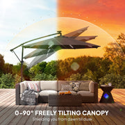 10 ft Offset Patio Umbrella with Solar Light, Garden Hanging Parasol with 360° Rotation, Tilt, Cover, Black