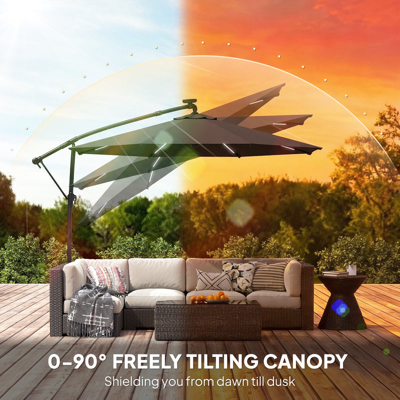 10 ft Offset Patio Umbrella with Solar Light, Garden Hanging Parasol with 360° Rotation, Tilt, Cover, Black