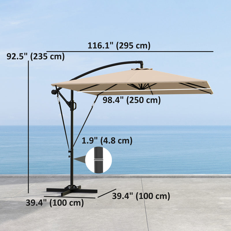 Outsunny - Patio Offset Umbrella UPF 50+ UV Protection, Crank Parasol with Base, Cover & Wind Securing, Khaki — 84D-419V00KK