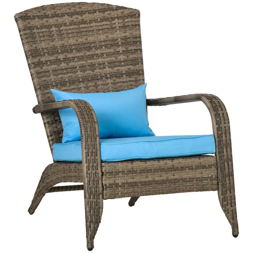 Outsunny - Patio Wicker Adirondack Chair, Outdoor PE Rattan Fire Pit Chair, Muskoka Chair w/ Soft Cushions, Tall Curved Backrest and Comfortable Armrests for Deck Garden, Blue