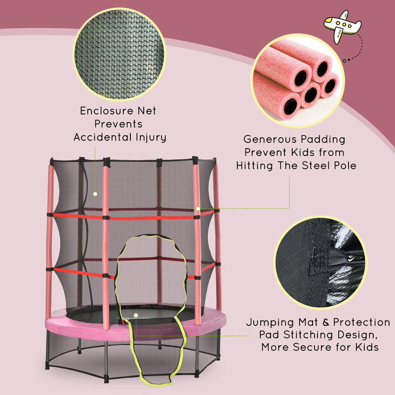 Aosom 55" Kids Trampoline with Enclosure Net for Indoor/Outdoor, Trampoline for Boys and Girls Age 3-6 Years, Pink