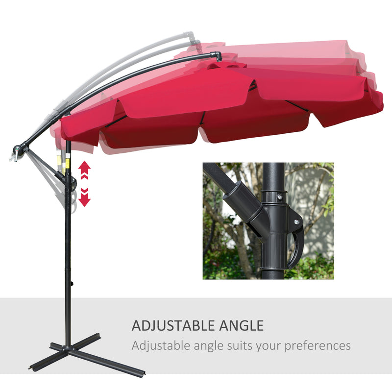 9FT Offset Hanging Patio Umbrella Cantilever Umbrella with Easy Tilt Adjustment, Cross Base and 8 Ribs for Backyard, Poolside, Lawn and Garden, Red