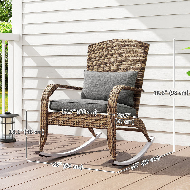 Outsunny - Adirondack Chair, Outdoor Wicker Rocking Chair with High Back, Seat Cushion and Pillow for Porch, Balcony, Grey/Yellow