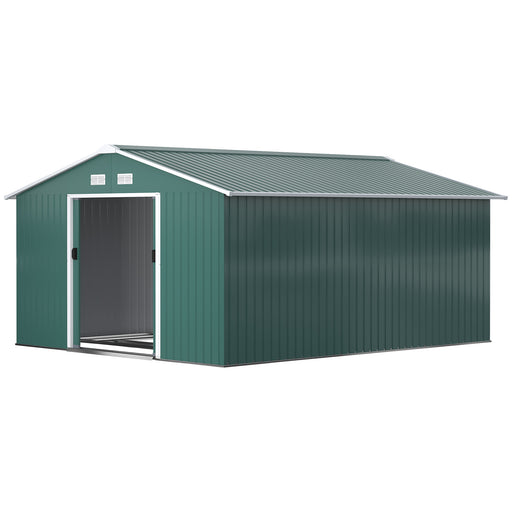 11' x 13' Practical Backyard Garden Storage Tool Shed with Double Sliding Door Garden Tool Shed with 4 Ventilation Slots, Green