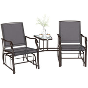Outsunny - Double Patio Glider Chair with Glass Top Center Table, Outdoor Glider Loveseat with High Back, All Weather Breathable Mesh Fabric for Garden, Backyard, Deck, Grey