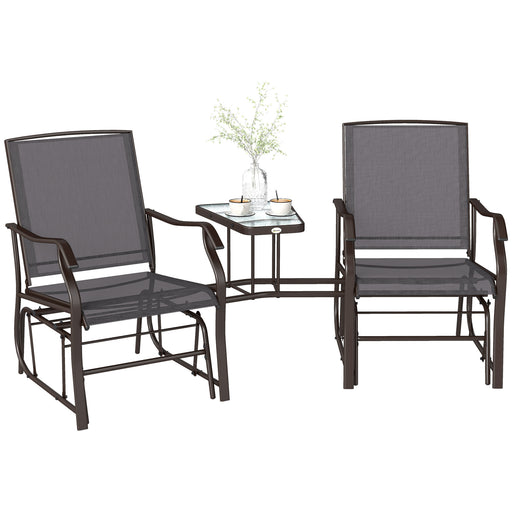 Outsunny - Double Patio Glider Chair with Glass Top Center Table, Outdoor Glider Loveseat with High Back, All Weather Breathable Mesh Fabric for Garden, Backyard, Deck, Grey