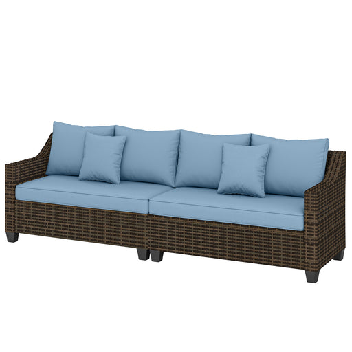 Outsunny - PE Wicker Outdoor Couch Sofa, 4-Seater Modular Patio Furniture Lounge Set with 2 Loveseats, Cushions, Pillows, Blue