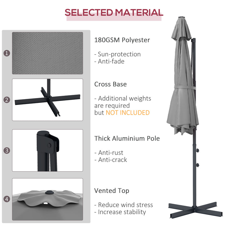 Outsunny - 10 FT Cantilever Umbrella, Aluminum Hanging Offset Umbrella with 360° Rotation, Crank, Tilt, Cross Base, Grey — 84D-321V00CG
