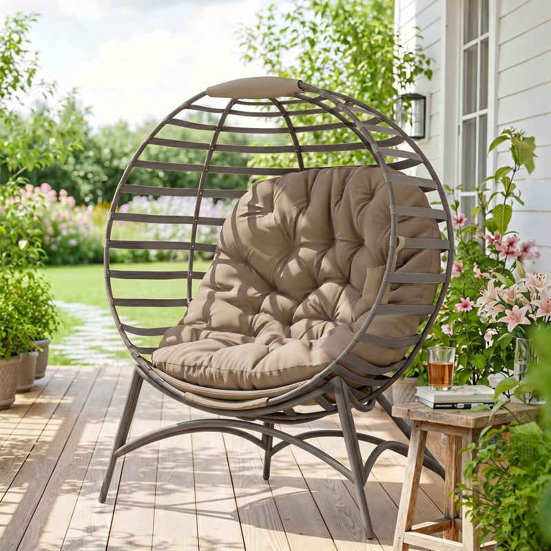 Outsunny - Egg Chair, Patio Lounge Chair, Foldable Basket Chair with Large Seat Cushion, Side Pocket, Sand