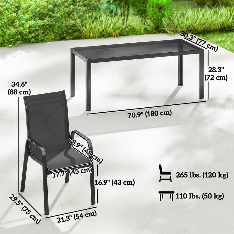 Outsunny - 9 Pieces Patio Set with Stackable Chairs, Patio Dining Set with Glass Top for Garden, Patio, Backyard, Black