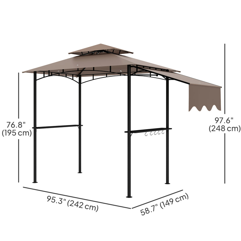 Outsunny - 8' x 5' Grill Gazebo, Double Tiered Barbecue Grill Gazebo Shelter with Side Awning, 2 Side Shelves, 6 Hooks, Khaki