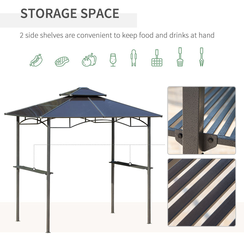 Outsunny - 8' x 5' Hardtop Grill Gazebo, Aluminium BBQ Canopy Gazebo, Outdoor Canopy with Side Shelves & Double Roof