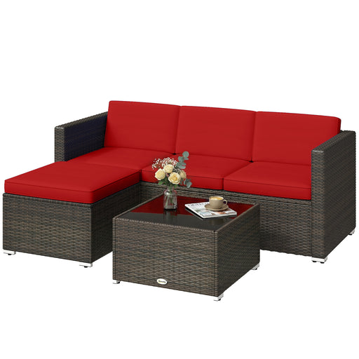 Outsunny - 3 Pieces Patio Furniture Set with Cushions, Outdoor PE Rattan Wicker Conversation Corner Sofa Set with Glass Top Table