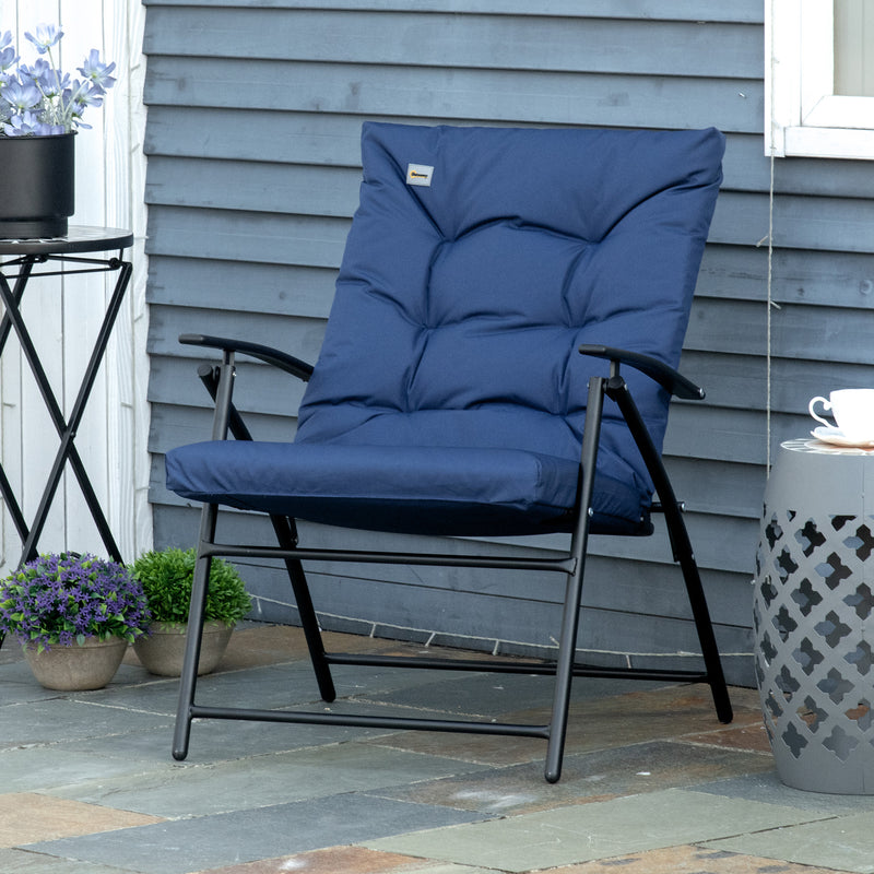 Outsunny - Foldable Lounge Chair, Fabric Upholstered Recliner, Outdoor Lounger with Armrest, Metal Frame for Backyard, Blue