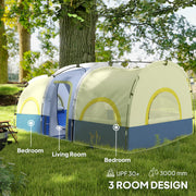 Outsunny - 4 Person Camping Tent, 3 Room Cabin Tent, 3000mm Waterproof and UPF30+ with Sewn in Groundsheet and Carry Bag, Blue