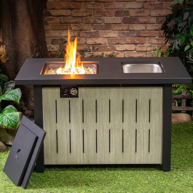 Deko Living - 42 Inch Rectangular Outdoor Propane Gas Fire Pit Table 50,000 BTU Heater with Glass Bead Filler and Ice Bucket