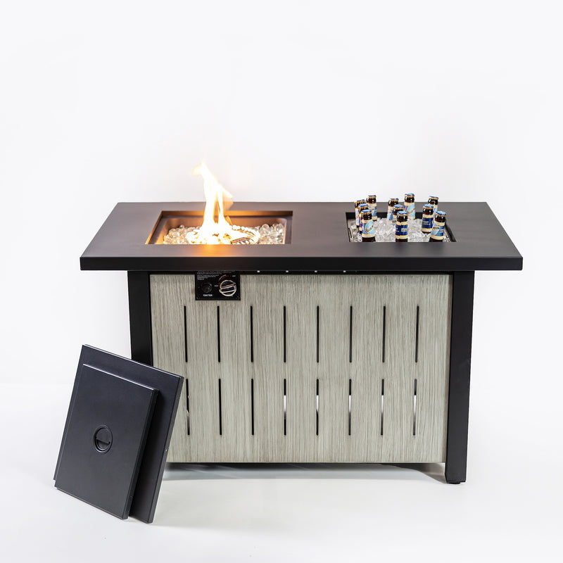 Deko Living - 42 Inch Rectangular Outdoor Propane Gas Fire Pit Table 50,000 BTU Heater with Glass Bead Filler and Ice Bucket