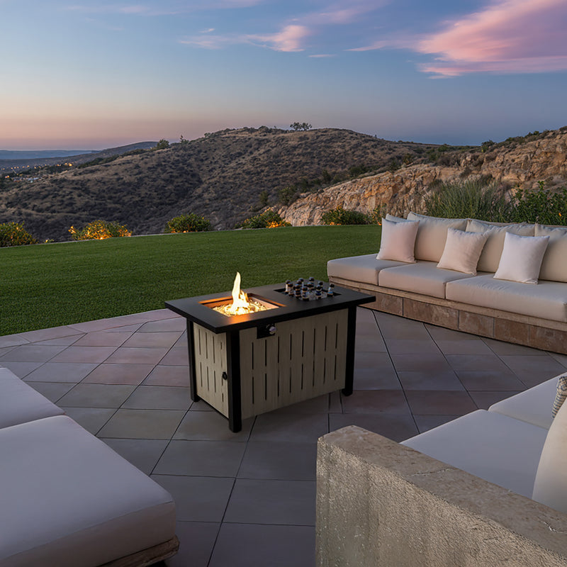 Deko Living - 42 Inch Rectangular Outdoor Propane Gas Fire Pit Table 50,000 BTU Heater with Glass Bead Filler and Ice Bucket