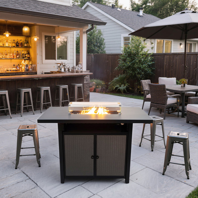 Deko Living - 55 Inch Rectangular Outdoor Propane Gas Fire Pit Barstool Table 40,000 BTU with Glass Bead Filler