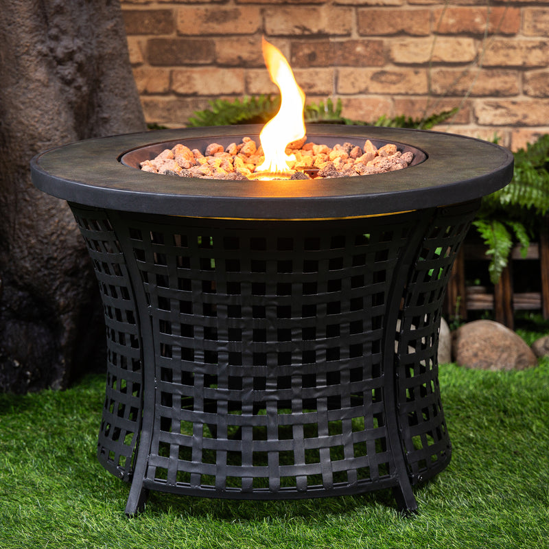 Deko Living - Round Outdoor Propane Gas Fire Pit Table 8,000 BTU Propane with Lava Rock Filler