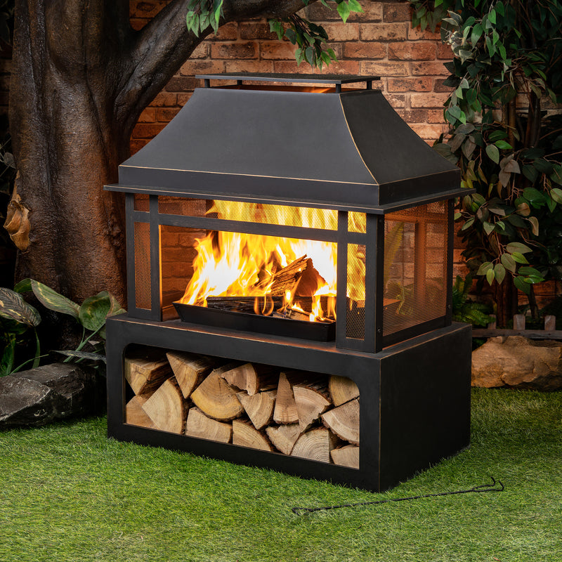 Deko Living - 40 Inch Rectangular Outdoor Metal Wood Burning Fireplace with Log Storage and Poker