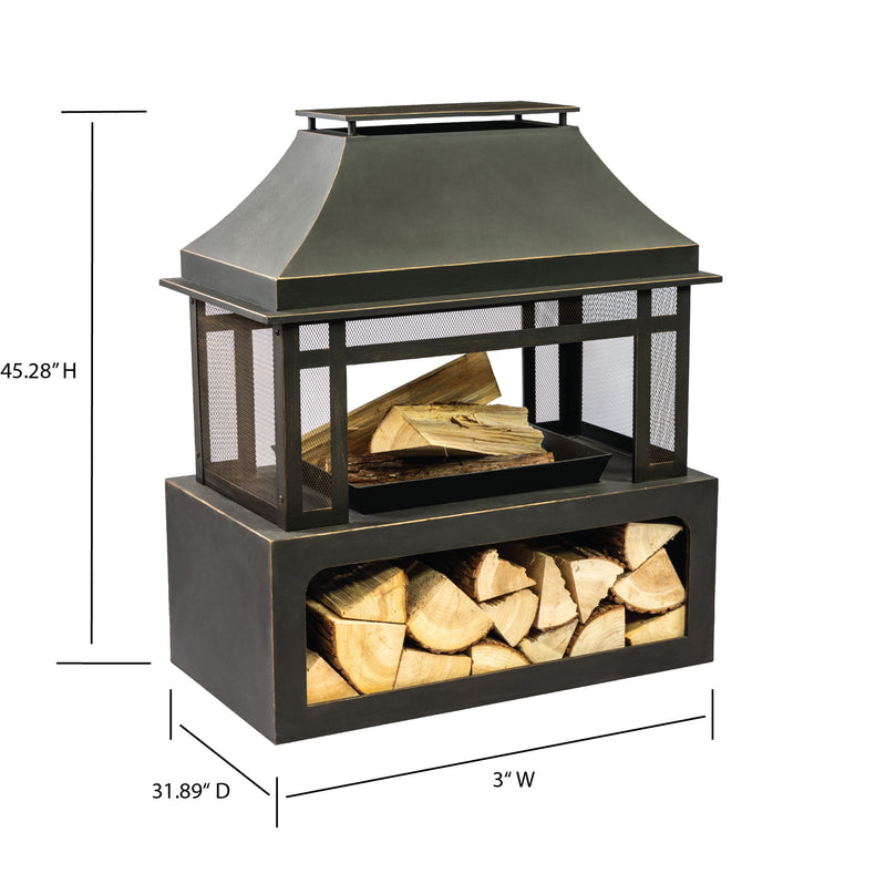 Deko Living - 40 Inch Rectangular Outdoor Metal Wood Burning Fireplace with Log Storage and Poker