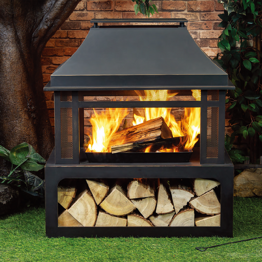 Deko Living - 40 Inch Rectangular Outdoor Metal Wood Burning Fireplace with Log Storage and Poker