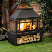 Deko Living - 40 Inch Rectangular Outdoor Metal Wood Burning Fireplace with Log Storage and Poker