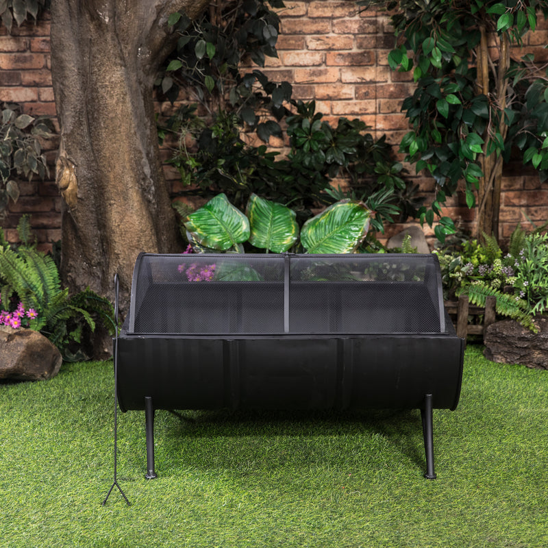 Deko Living - 35 Inch Rectangular Outdoor Metal Wood Burning Barrel Firepit with Screen Lid and Poker