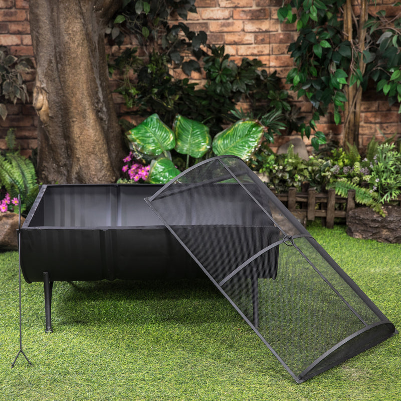 Deko Living - 35 Inch Rectangular Outdoor Metal Wood Burning Barrel Firepit with Screen Lid and Poker