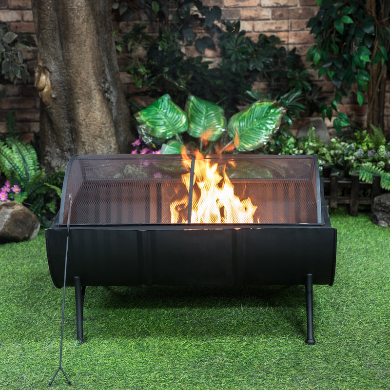 Deko Living - 35 Inch Rectangular Outdoor Metal Wood Burning Barrel Firepit with Screen Lid and Poker