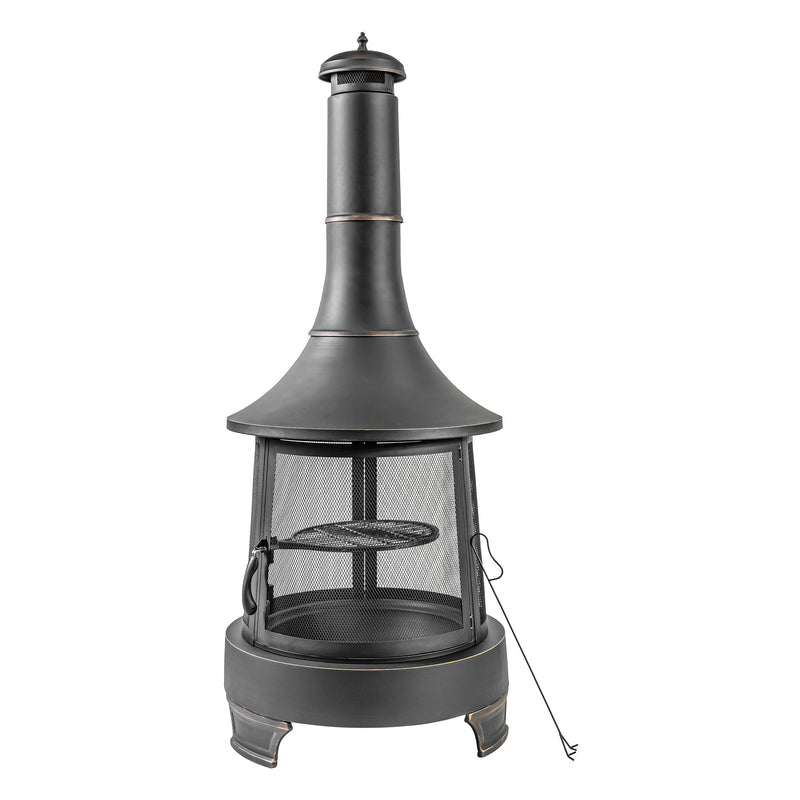 Deko Living - 30 Inch Diameter Outdoor Steel Wood Burning Chimney Firepit with Cast Iron Cooking Grill and Poker