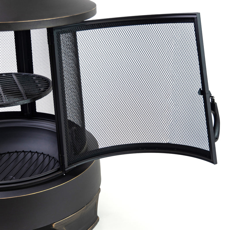 Deko Living - 30 Inch Diameter Outdoor Steel Wood Burning Chimney Firepit with Cast Iron Cooking Grill and Poker