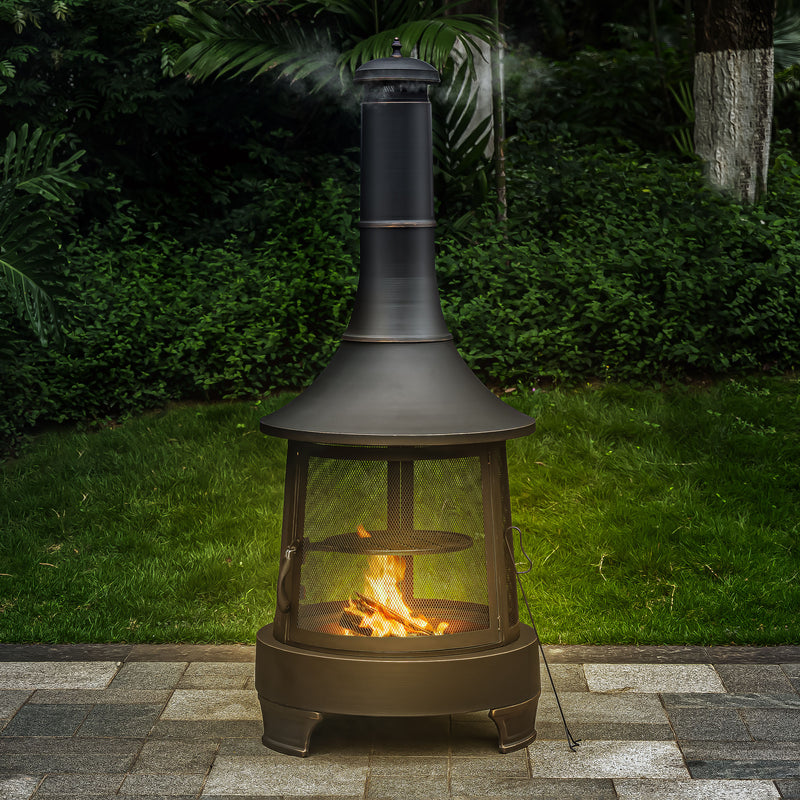 Deko Living - 30 Inch Diameter Outdoor Steel Wood Burning Chimney Firepit with Cast Iron Cooking Grill and Poker