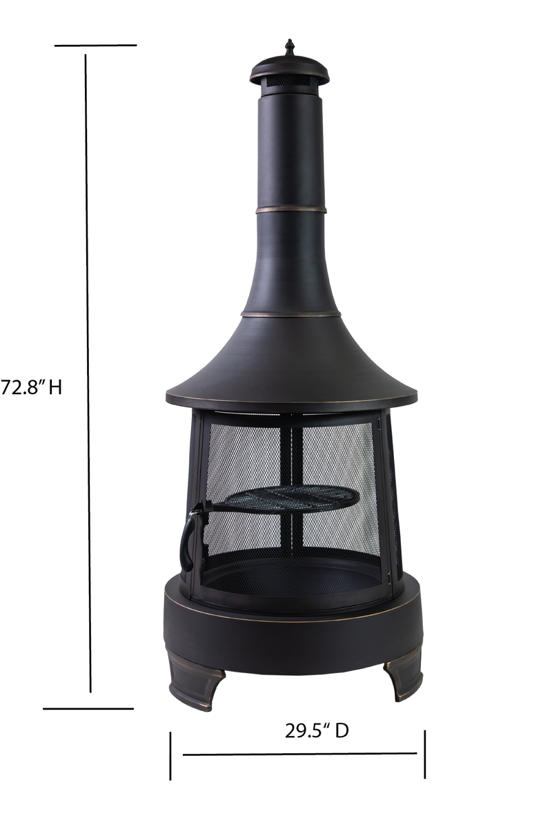 Deko Living - 30 Inch Diameter Outdoor Steel Wood Burning Chimney Firepit with Cast Iron Cooking Grill and Poker