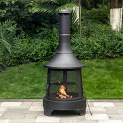 Deko Living - 30 Inch Diameter Outdoor Steel Wood Burning Chimney Firepit with Cast Iron Cooking Grill and Poker
