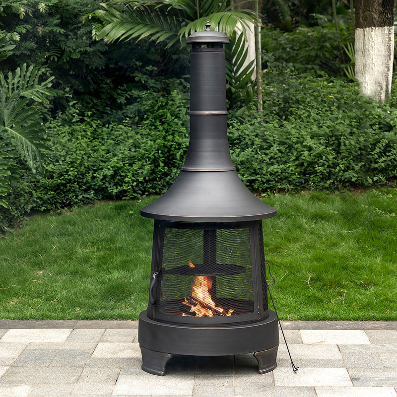 Deko Living - 30 Inch Diameter Outdoor Steel Wood Burning Chimney Firepit with Cast Iron Cooking Grill and Poker