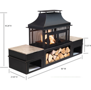 Deko Living - 80 Inch Rectangular Outdoor Steel Wood Burning Fireplace with Log Storage, Poker and Side Tables
