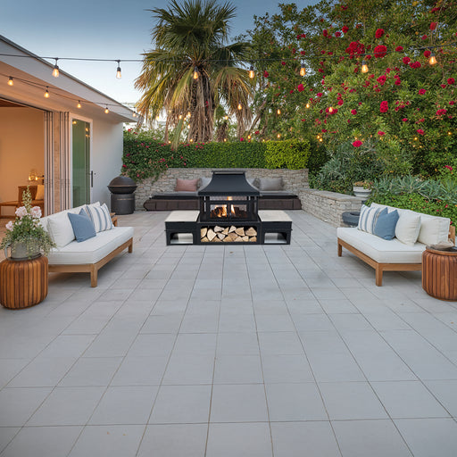 Deko Living - 80 Inch Rectangular Outdoor Steel Wood Burning Fireplace with Log Storage, Poker and Side Tables