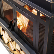 Deko Living - 80 Inch Rectangular Outdoor Steel Wood Burning Fireplace with Log Storage, Poker and Side Tables