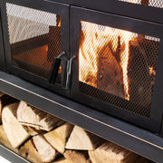 Deko Living - 80 Inch Rectangular Outdoor Steel Wood Burning Fireplace with Log Storage, Poker and Side Tables