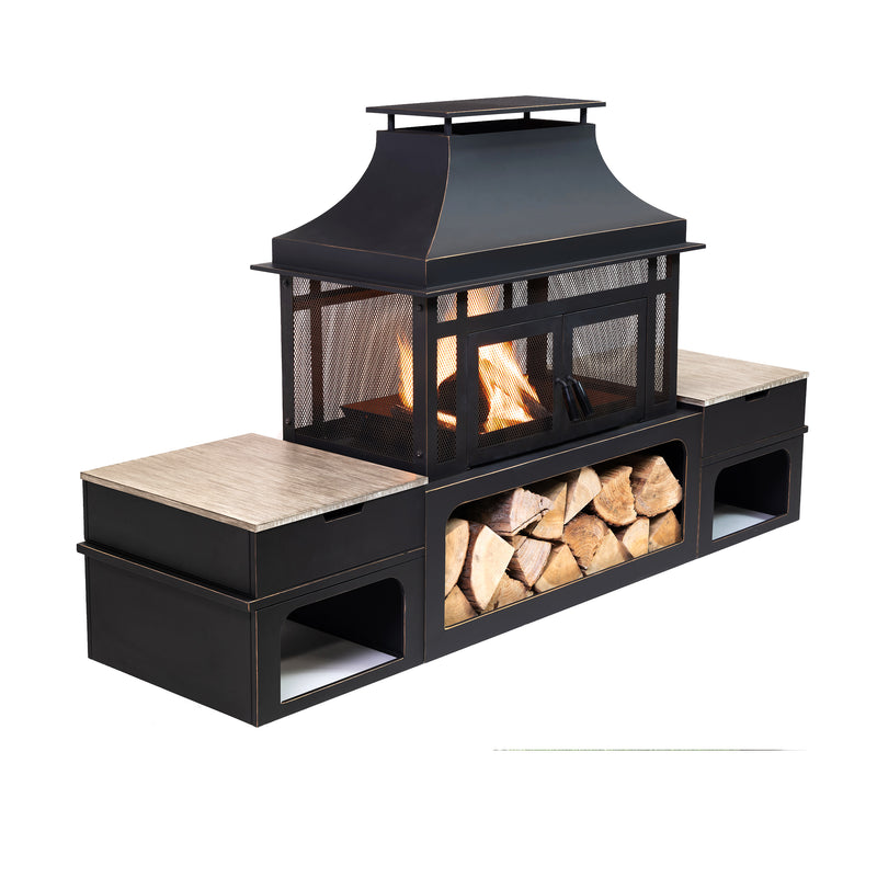 Deko Living - 80 Inch Rectangular Outdoor Steel Wood Burning Fireplace with Log Storage, Poker and Side Tables