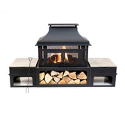 Deko Living - 80 Inch Rectangular Outdoor Steel Wood Burning Fireplace with Log Storage, Poker and Side Tables