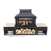 Deko Living - 80 Inch Rectangular Outdoor Steel Wood Burning Fireplace with Log Storage, Poker and Side Tables