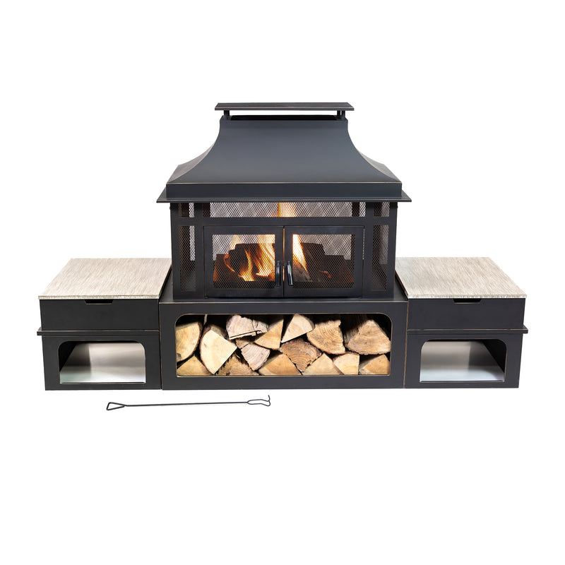 Deko Living - 80 Inch Rectangular Outdoor Steel Wood Burning Fireplace with Log Storage, Poker and Side Tables