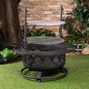 Deko Living - 33 Inch Diameter Outdoor Steel Wood Burning Fire Pit with 2 Cooking Grills, Rotisserie and Poker