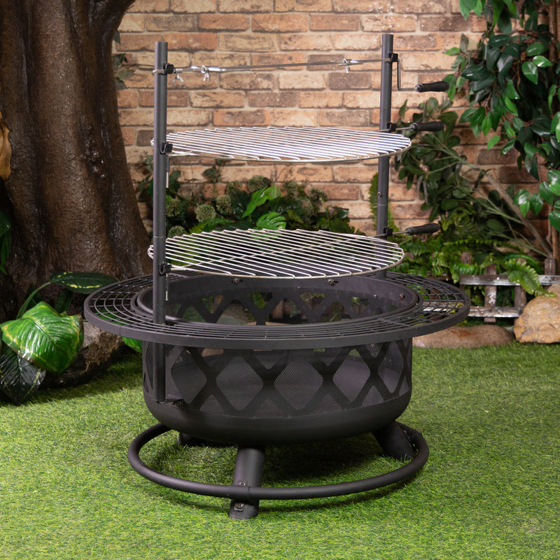 Deko Living - 33 Inch Diameter Outdoor Steel Wood Burning Fire Pit with 2 Cooking Grills, Rotisserie and Poker